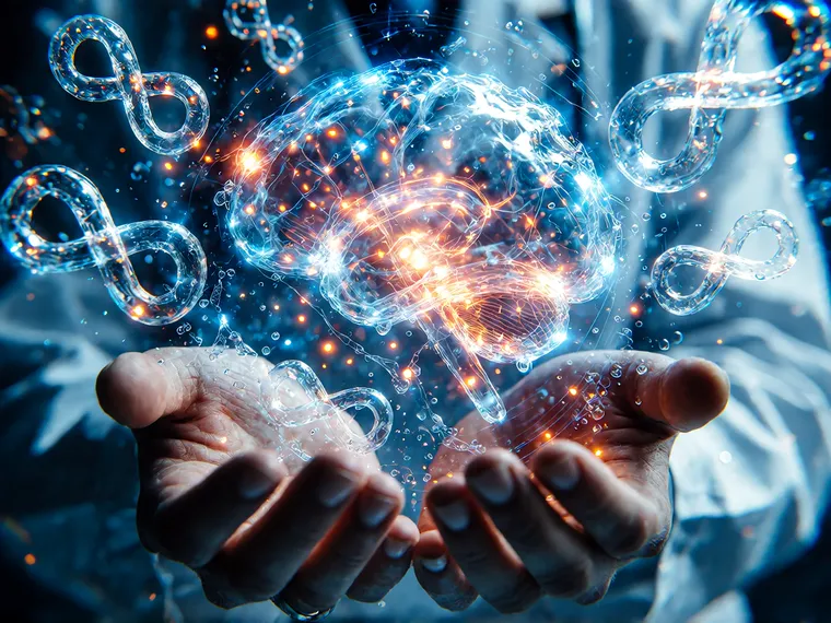 Two cupped hands holding a luminous wireframe brain wrapped in glass infinity loops.