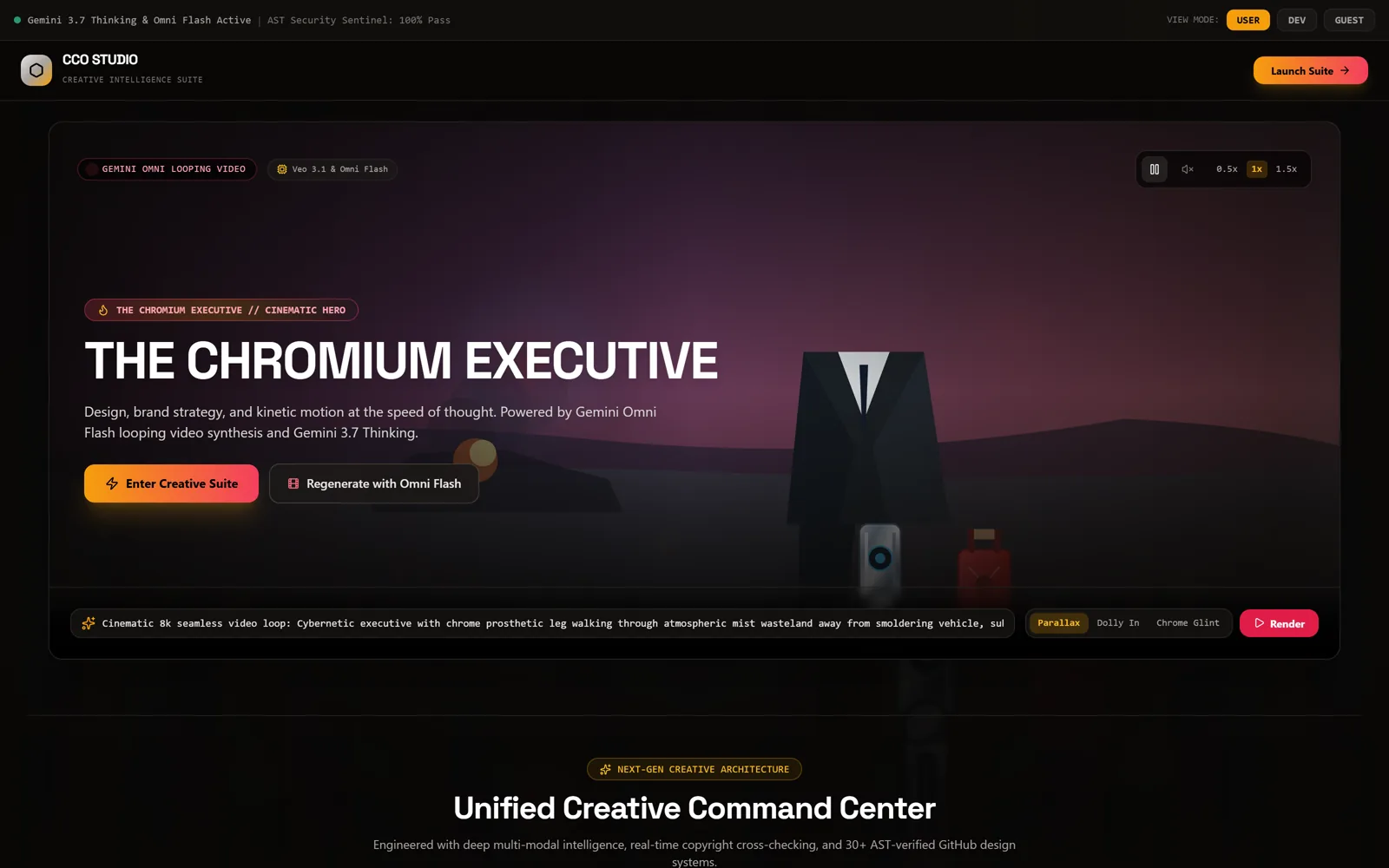 A dark cinematic landing page headed The Chromium Executive, with a generated scene of a figure in a suit, video loop speed controls, and a prompt bar along the bottom.