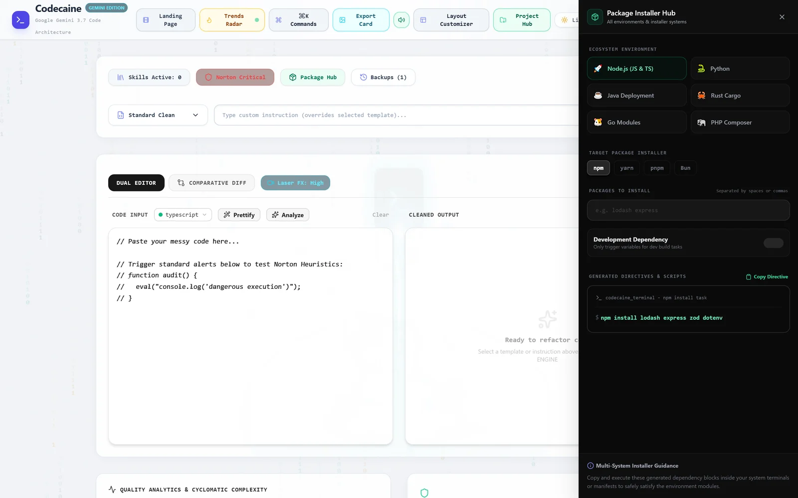 A panel titled Package Installer Hub with ecosystem choices for Node.js, Python, Java Deployment, Rust Cargo, Go Modules and PHP Composer, an npm/yarn/pnpm/Bun selector, and a generated npm install command.