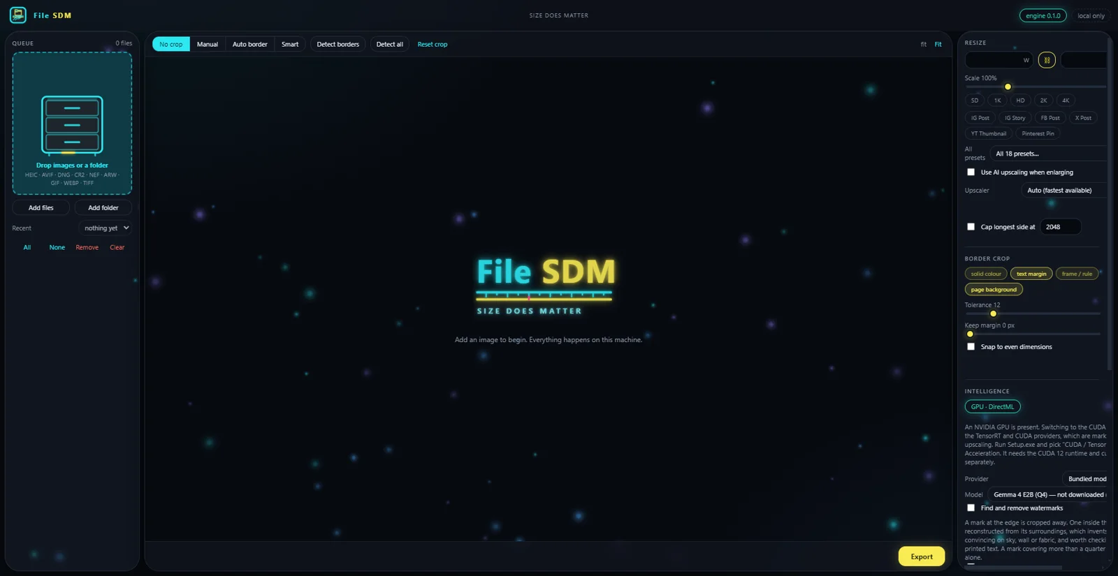 File SDM workspace: drop queue on the left, crop modes across the top, resize presets and border crop on the right.