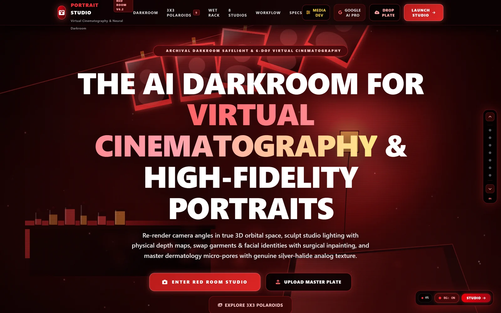 A deep crimson landing page headed The AI Darkroom For Virtual Cinematography and High-Fidelity Portraits, with red-lit prints hanging behind the headline and buttons to enter the Red Room studio or upload a master plate.